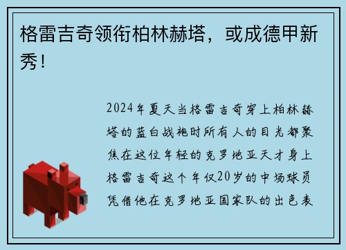 格雷吉奇领衔柏林赫塔，或成德甲新秀！
