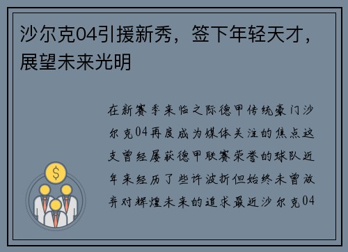 沙尔克04引援新秀，签下年轻天才，展望未来光明