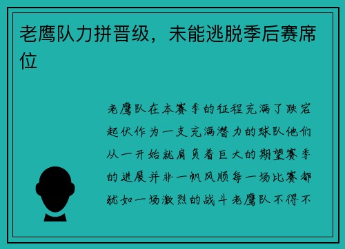 老鹰队力拼晋级，未能逃脱季后赛席位